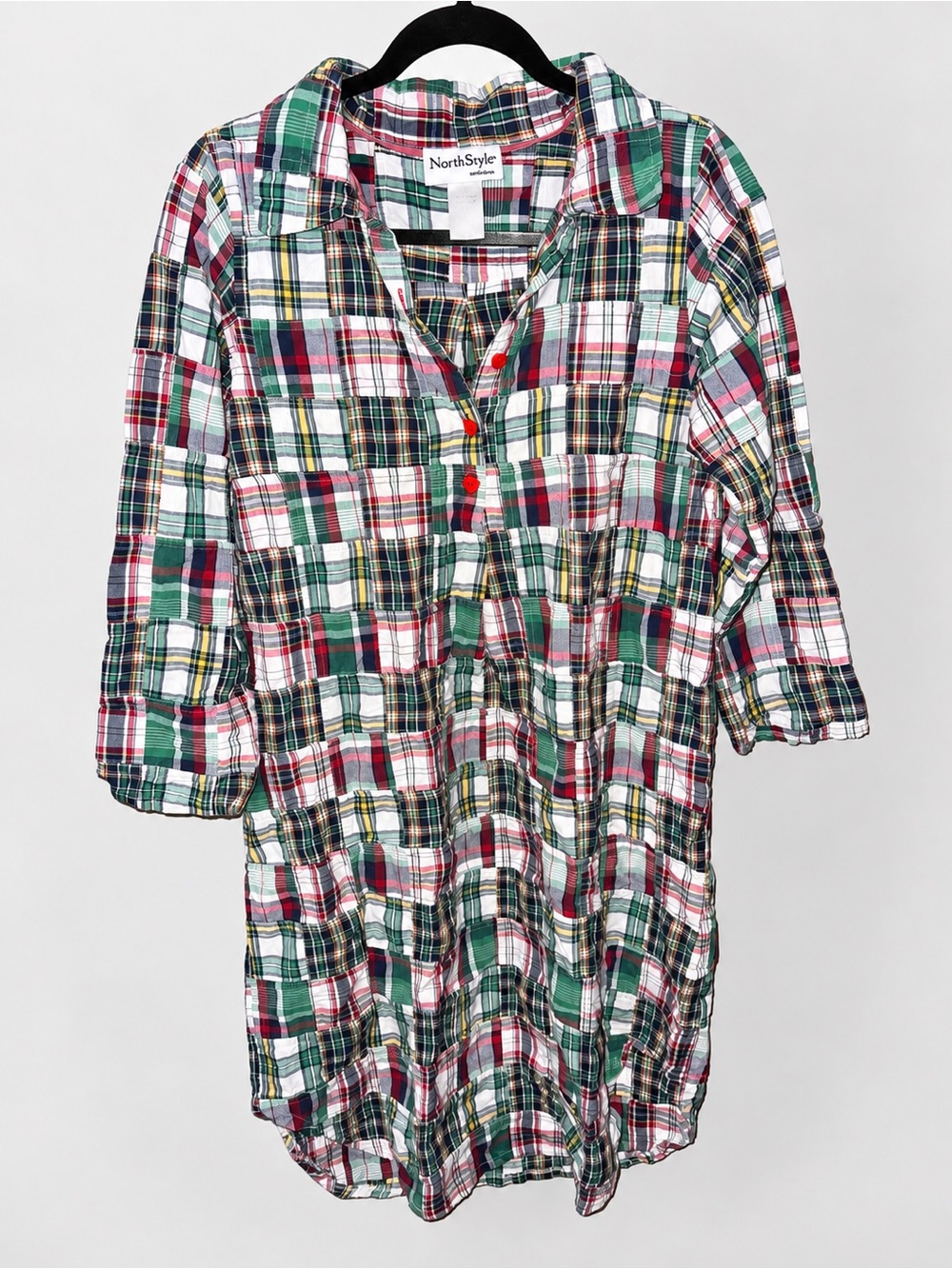 NorthStyle Patchwork Plaid Shirt Dress Red Heart Buttons Cottagecore 3/4 Sleeve